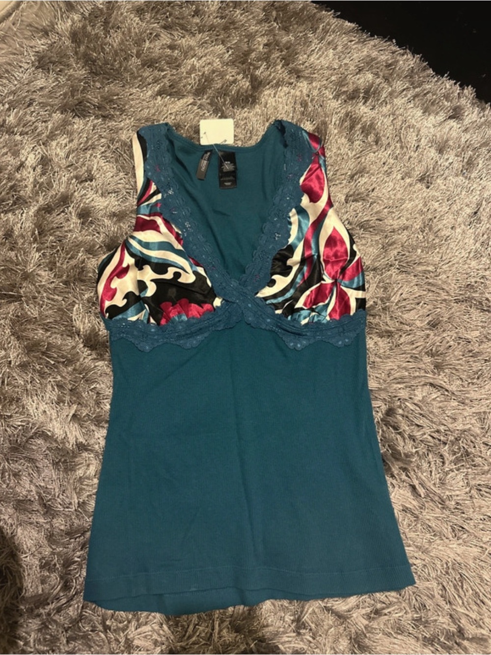 Bisou Bisou Teal Lace-Trim Mixed Print Camisole